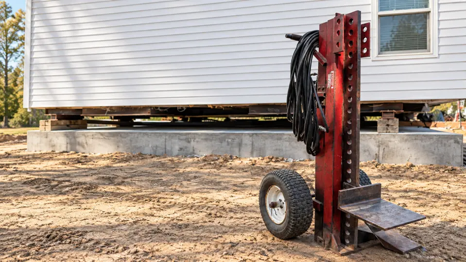 Red lifting equipment near the underside of a manufactured home