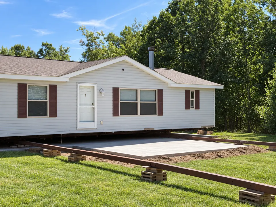 Manufactured home positioned over steel beams at a prepared setting area